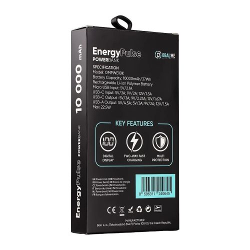 OBAL:ME EnergyPulse hordozható töltő 10000mAh 22.5W fekete
