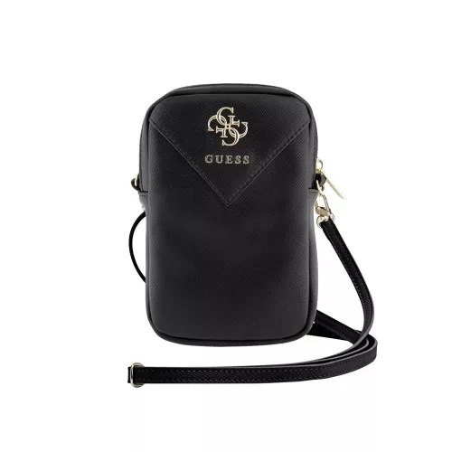 Guess PU Grained 4G Metal Logo pénztárcás telefon táska Zipper fekete