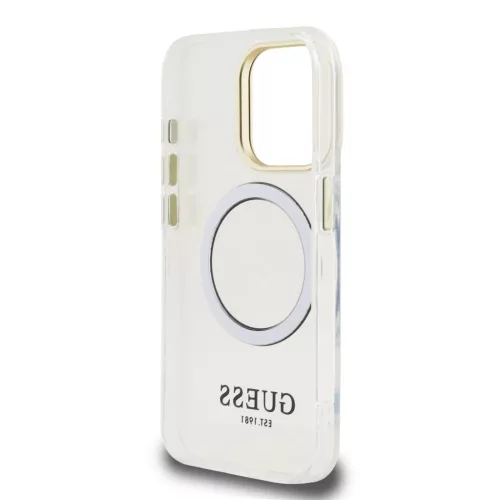 Guess IML Gold Outline Stand Camera Frame MagSafe tok iPhone 15 Pro készülékhez átlátszó
