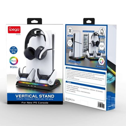 iPega P5S006H multifunkciós töltő RGB állvány hűtéssel PS5 Slim készülékhez fekete