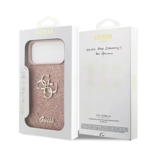 Guess PU Fixed Glitter 4G Metal Logo hátsó tok iPhone 17 Pro Max készülékhez rózsaszín