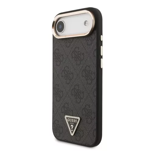 Guess PU Leather 4G Triangle Logo Gold Frame MagSafe tok iPhone 17 Air készülékhez fekete