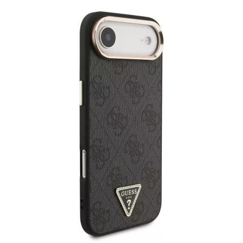 Guess PU Leather 4G Triangle Logo Gold Frame MagSafe tok iPhone 17 Air készülékhez fekete