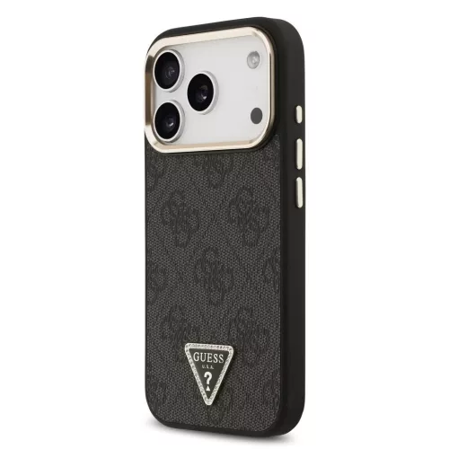 Guess PU Leather 4G Triangle Logo Gold Frame MagSafe tok iPhone 17 Pro készülékhez fekete