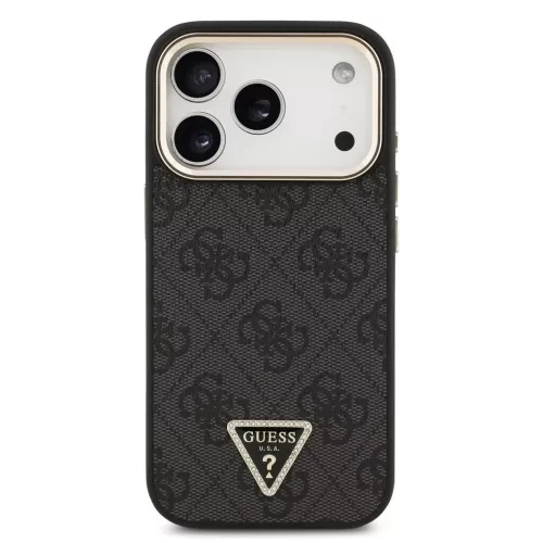Guess PU Leather 4G Triangle Logo Gold Frame MagSafe tok iPhone 17 Pro készülékhez fekete