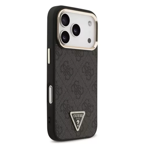 Guess PU Leather 4G Triangle Logo Gold Frame MagSafe tok iPhone 17 Pro készülékhez fekete