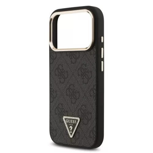 Guess PU Leather 4G Triangle Logo Gold Frame MagSafe tok iPhone 17 Pro készülékhez fekete
