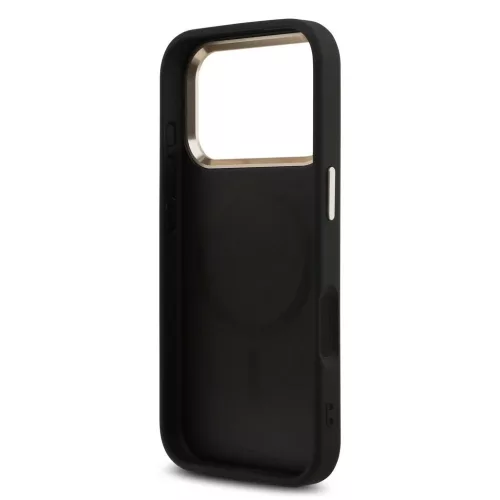 Guess PU Leather 4G Triangle Logo Gold Frame MagSafe tok iPhone 17 Pro készülékhez fekete