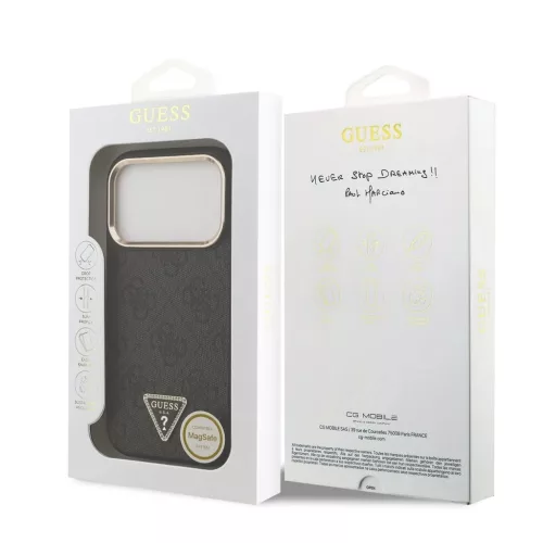 Guess PU Leather 4G Triangle Logo Gold Frame MagSafe tok iPhone 17 Pro készülékhez fekete