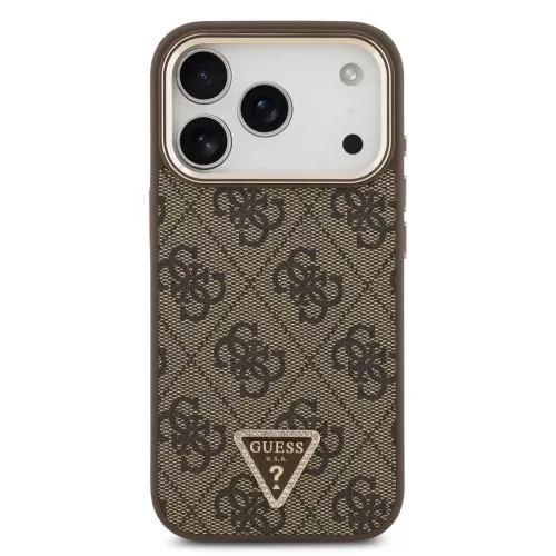 Guess PU Leather 4G Triangle Logo Gold Frame MagSafe tok iPhone 17 Pro készülékhez barna