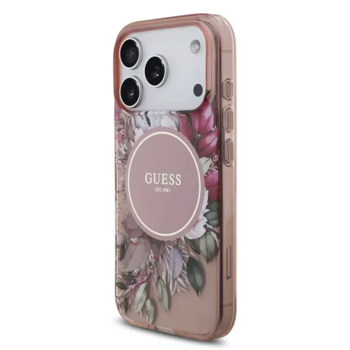 Guess IML Flowers Strap MagSafe tok iPhone 17 Pro készülékhez rózsaszín
