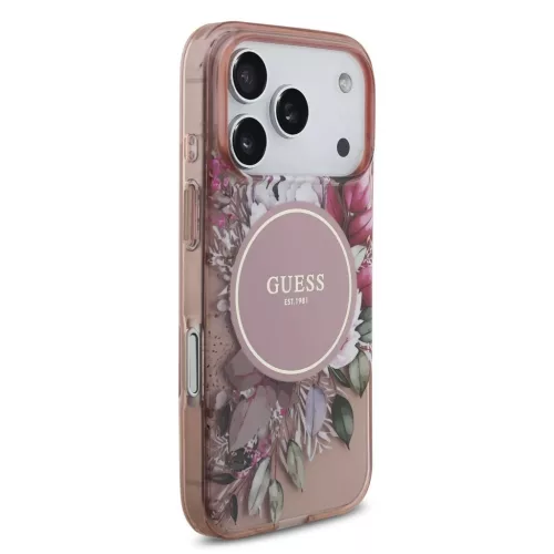 Guess IML Flowers Strap MagSafe tok iPhone 17 Pro készülékhez rózsaszín