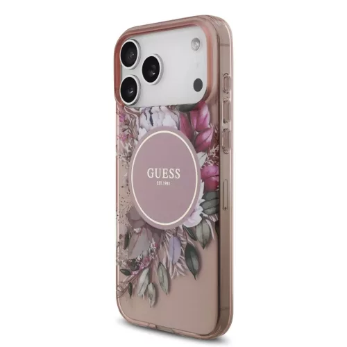 Guess IML Flowers Strap MagSafe tok iPhone 17 Pro Max készülékhez rózsaszín
