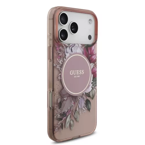 Guess IML Flowers Strap MagSafe tok iPhone 17 Pro Max készülékhez rózsaszín