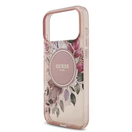 Guess IML Flowers Strap MagSafe tok iPhone 17 Pro Max készülékhez rózsaszín