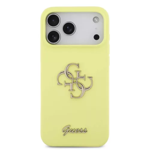 Guess Liquid Silicone 4G Metal Logo tok iPhone 17 Pro Max készülékhez sárga