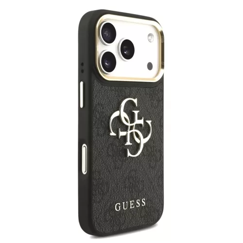 Guess PU bőr 4G Metal Logo Gold Frame MagSafe tok iPhone 17 Pro készülékhez fekete