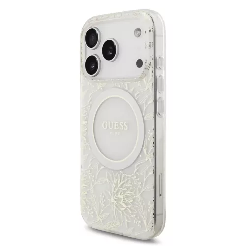 Guess IML Flowers Allover Strap MagSafe Tok iPhone 17 Pro készülékhez fehér