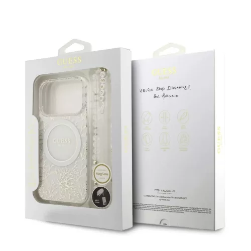 Guess IML Flowers Allover Strap MagSafe Tok iPhone 17 Pro készülékhez fehér