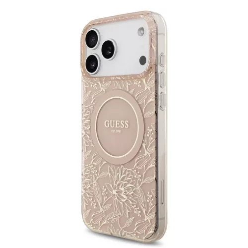 Guess IML Flowers Allover Strap MagSafe tok iPhone 17 Pro Max készülékhez rózsaszín