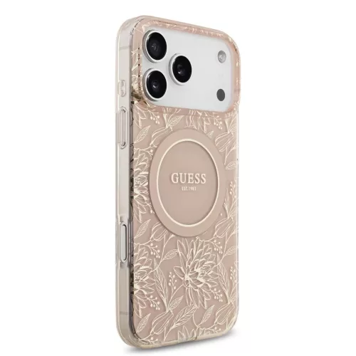 Guess IML Flowers Allover Strap MagSafe tok iPhone 17 Pro Max készülékhez rózsaszín