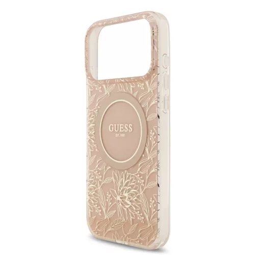 Guess IML Flowers Allover Strap MagSafe tok iPhone 17 Pro Max készülékhez rózsaszín