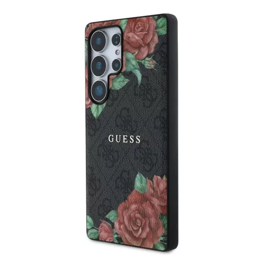 Guess PU Leather 4G Flowers Print Metal Classic Logo MagSafe tok Samsung Galaxy S25 Ultra készülékhez fekete