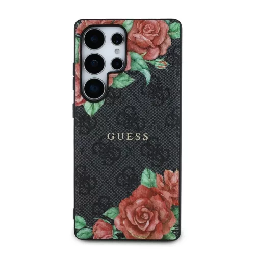 Guess PU Leather 4G Flowers Print Metal Classic Logo MagSafe tok Samsung Galaxy S25 Ultra készülékhez fekete