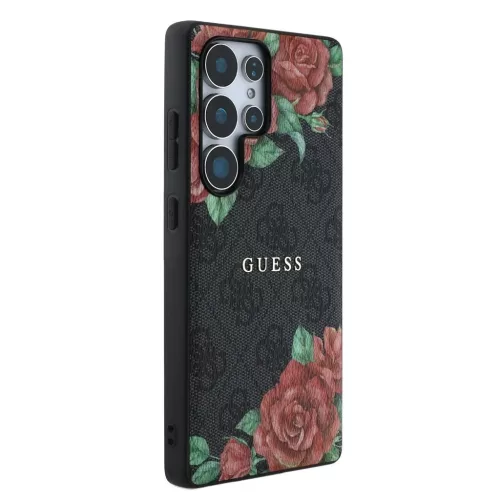 Guess PU Leather 4G Flowers Print Metal Classic Logo MagSafe tok Samsung Galaxy S25 Ultra készülékhez fekete
