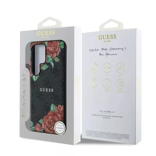 Guess PU Leather 4G Flowers Print Metal Classic Logo MagSafe tok Samsung Galaxy S25 Ultra készülékhez fekete