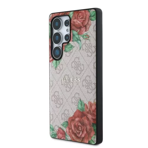 Guess PU Leather 4G Flowers Print Metal Classic Logo MagSafe tok Samsung Galaxy S25 Ultra készülékhez rózsaszín