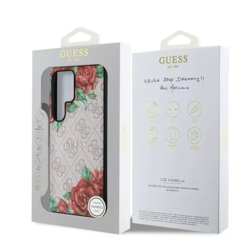 Guess PU Leather 4G Flowers Print Metal Classic Logo MagSafe tok Samsung Galaxy S25 Ultra készülékhez rózsaszín