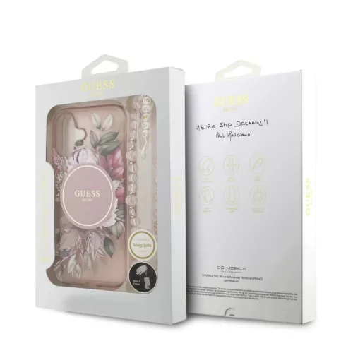 Guess IML Flowers Strap MagSafe tok iPhone 17 készülékhez rózsaszín