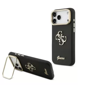   Guess PU bőr mintázatú 4G Logo állványos kamera keret tok iPhone 17 Pro Max készülékhez fekete