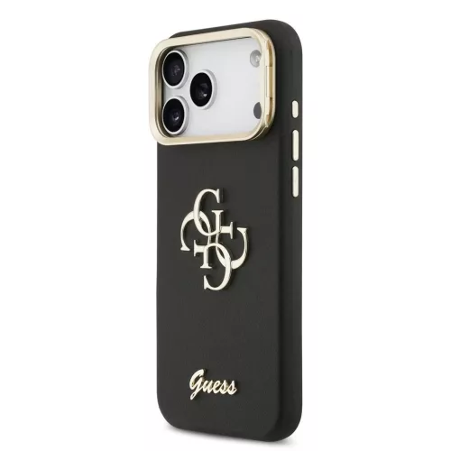 Guess PU bőr mintázatú 4G Logo állványos kamera keret tok iPhone 17 Pro Max készülékhez fekete