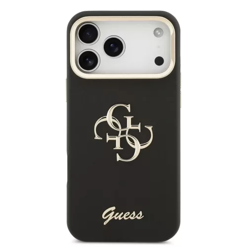 Guess PU bőr mintázatú 4G Logo állványos kamera keret tok iPhone 17 Pro Max készülékhez fekete