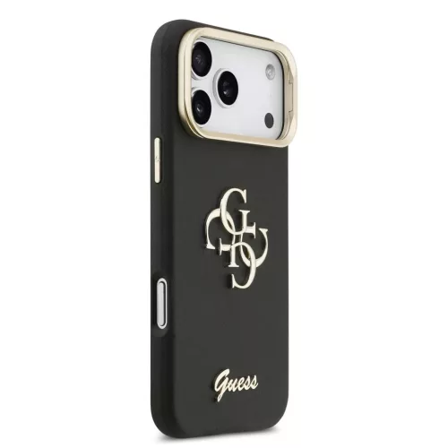 Guess PU bőr mintázatú 4G Logo állványos kamera keret tok iPhone 17 Pro Max készülékhez fekete