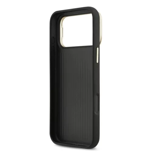Guess PU bőr mintázatú 4G Logo állványos kamera keret tok iPhone 17 Pro Max készülékhez fekete