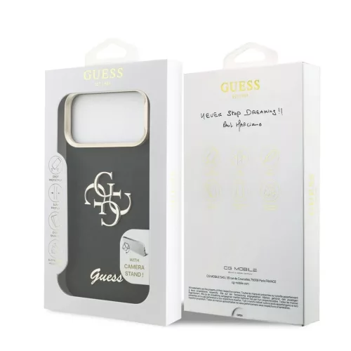 Guess PU bőr mintázatú 4G Logo állványos kamera keret tok iPhone 17 Pro Max készülékhez fekete