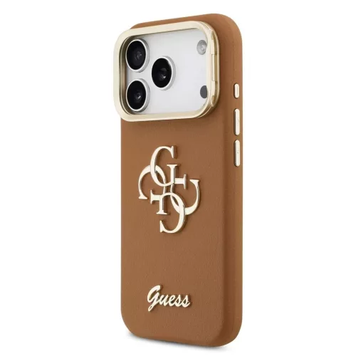 Guess PU Grained 4G Logo állványos, kamerakeretes tok iPhone 17 Pro készülékhez barna