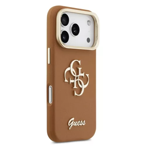 Guess PU Grained 4G Logo állványos, kamerakeretes tok iPhone 17 Pro készülékhez barna