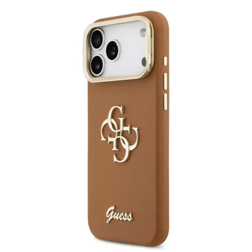 Guess PU bőrhatású 4G Logó állványos kamerakeretes tok iPhone 17 Pro Max készülékhez barna