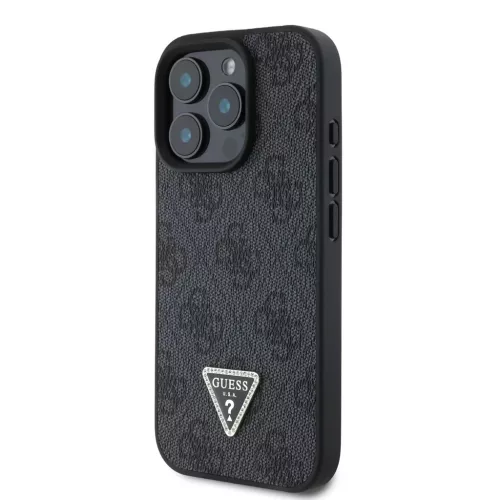 Guess PU 4G Strass Triangle Metal Logo tok iPhone 16 Pro Max készülékhez fekete