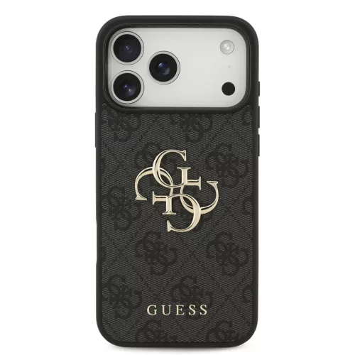 Guess PU 4G fém logós pántos tok iPhone 17 Pro Max készülékhez szürke