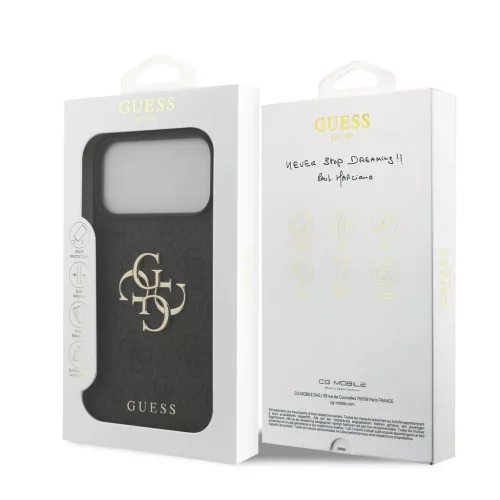 Guess PU 4G fém logós pántos tok iPhone 17 Pro Max készülékhez szürke