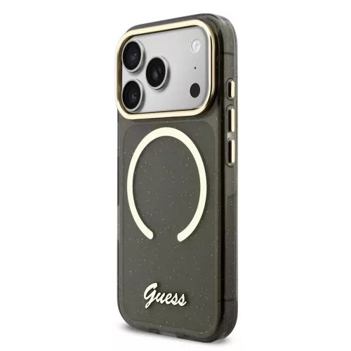 Guess IML Glitter Script Strap MagSafe tok iPhone 17 Pro készülékhez fekete