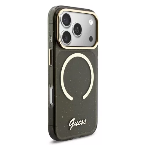 Guess IML Glitter Script Strap MagSafe tok iPhone 17 Pro készülékhez fekete