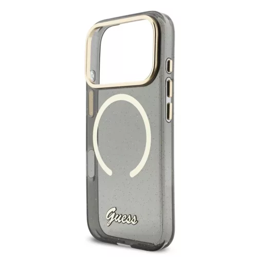 Guess IML Glitter Script Strap MagSafe tok iPhone 17 Pro készülékhez fekete
