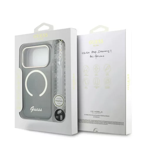 Guess IML Glitter Script Strap MagSafe tok iPhone 17 Pro készülékhez fekete