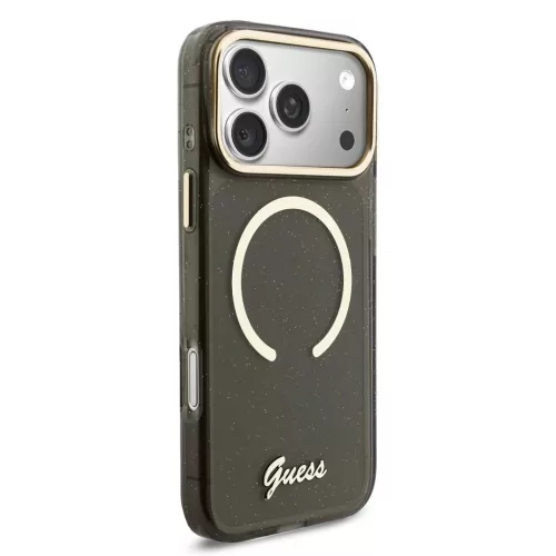 Guess IML Glitter Script Strap MagSafe tok iPhone 17 Pro Max készülékhez fekete